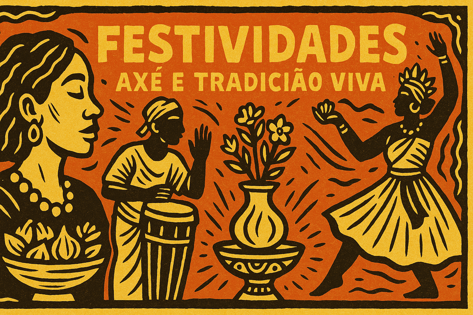 Ilustração em xilogravura mostra uma mulher negra com colar, um tocador de atabaque e uma dançarina em movimento, com flores e ondas de energia, ao lado da frase “Festividades: Axé e Tradição Viva”.