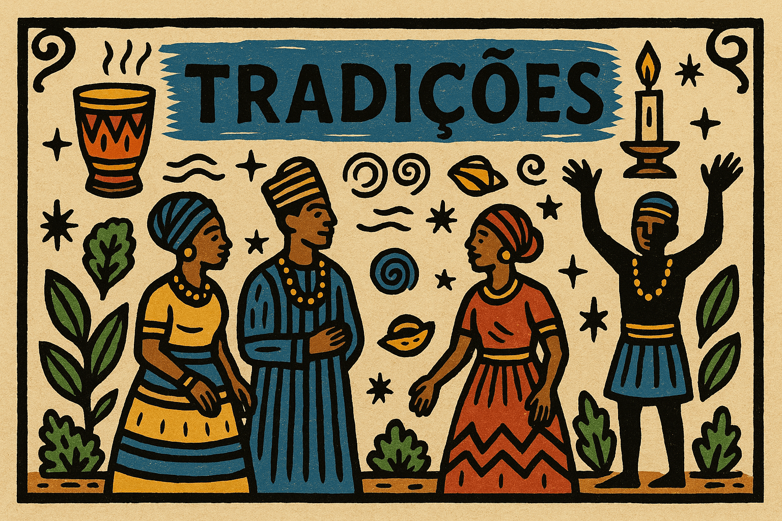 tradições, tradições religiosas, cultura afro-brasileira, rituais candomblé, ancestralidade, espiritualidade africana, xilogravura, figuras tradicionais