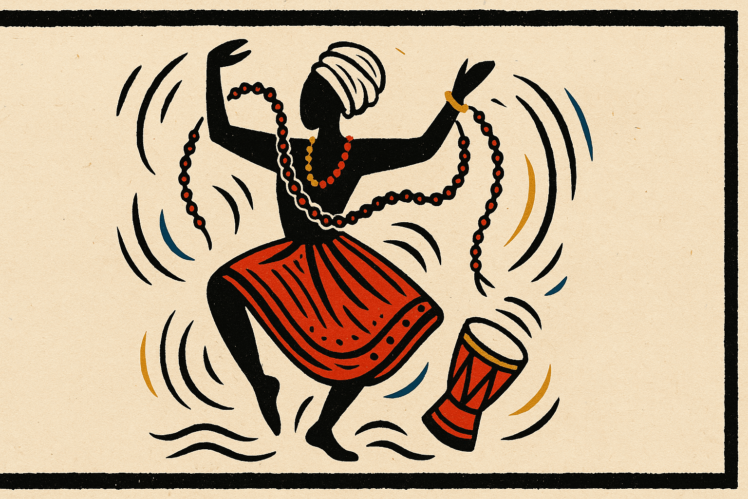 Ilustração horizontal no estilo xilogravura, com corpo estilizado em movimento de dança, representando os rituais do Candomblé. A imagem traz fios de conta, traços de energia, ondas e símbolos espirituais, com fundo de papel reciclado e moldura preta.