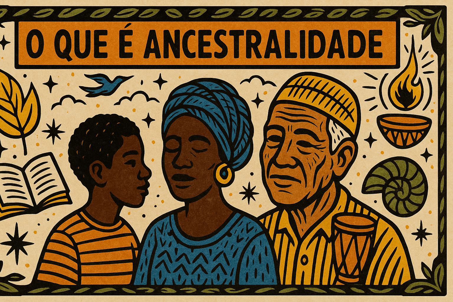 Imagem estilo xilogravura representando o que é ancestralidade no Candomblé, com elementos afro-brasileiros, natureza, símbolos espirituais e cultura.