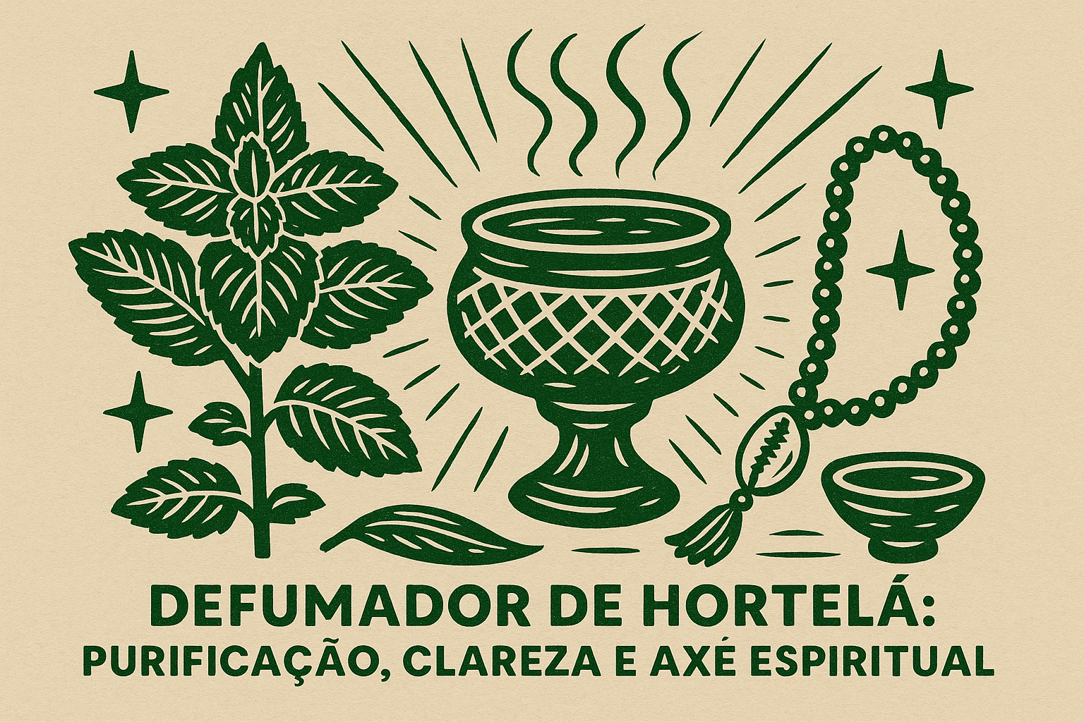 Ilustração estilo cordel com defumador de hortelã, aceso, guia espiritual e folhas