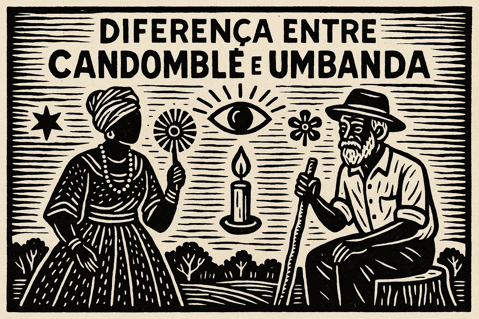 Diferença entre Candomblé e Umbanda. Ilustração em estilo xilogravura mostrando o encontro entre Candomblé e Umbanda em um terreiro, com atabaques, velas e folhas sagradas, simbolizando o respeito entre as tradições afro-brasileiras.
