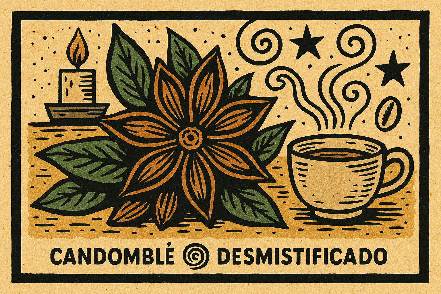 Ilustração de anis estrelado com elementos espirituais, chá e ervas em estilo cordel