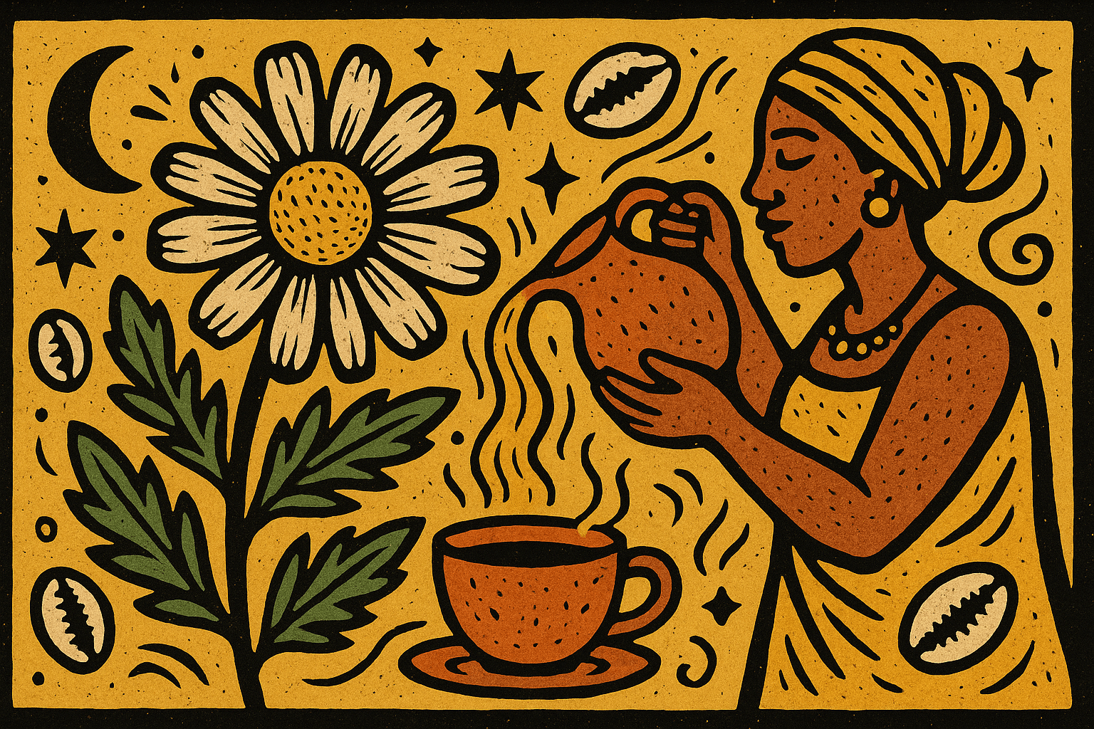 Ilustração em cordel de camomila com chá, Oxum, folhas e elementos espirituais