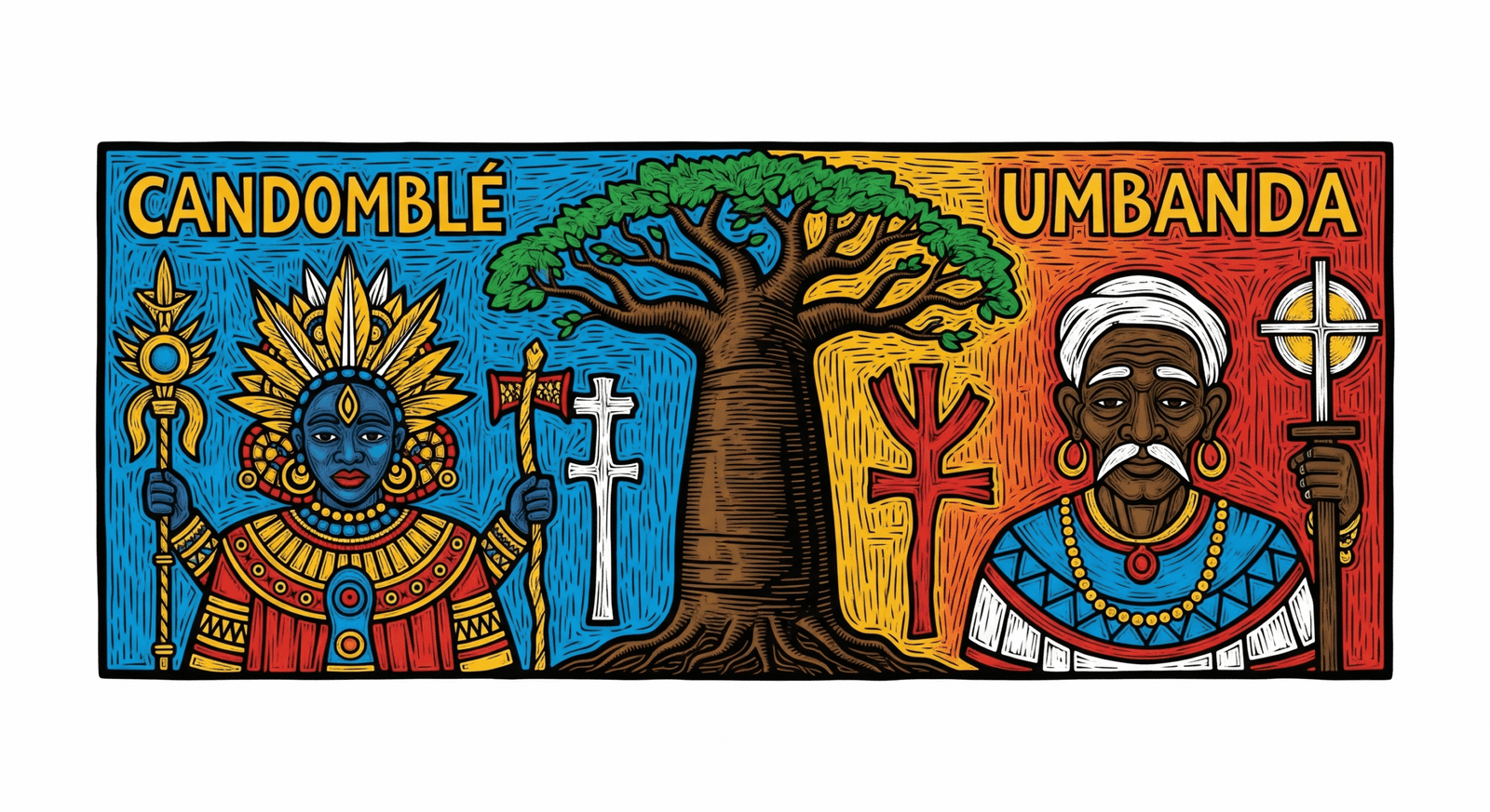 Ilustração em estilo cordel mostrando a diferença entre Candomblé e Umbanda. À esquerda, um Orixá representa o Candomblé e, à direita, um Preto-Velho representa a Umbanda, com uma árvore Baobá no centro simbolizando a raiz africana em comum.