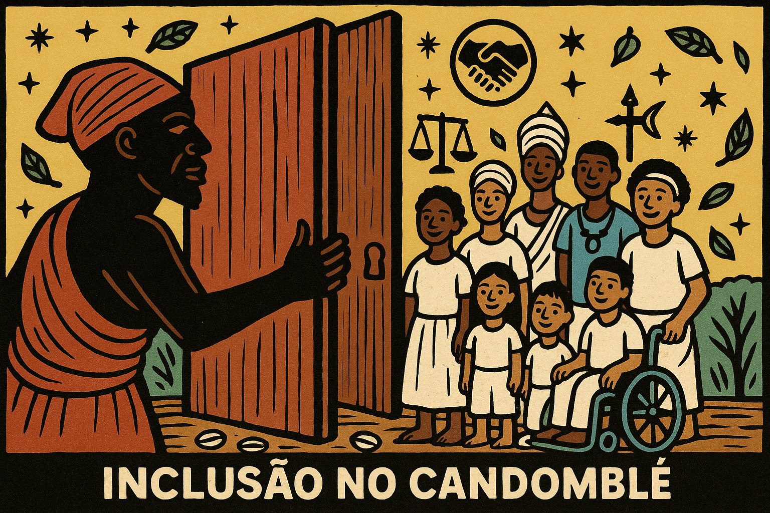 Exu abrindo as portas do axé para pessoas diversas em uma cena de inclusão espiritual