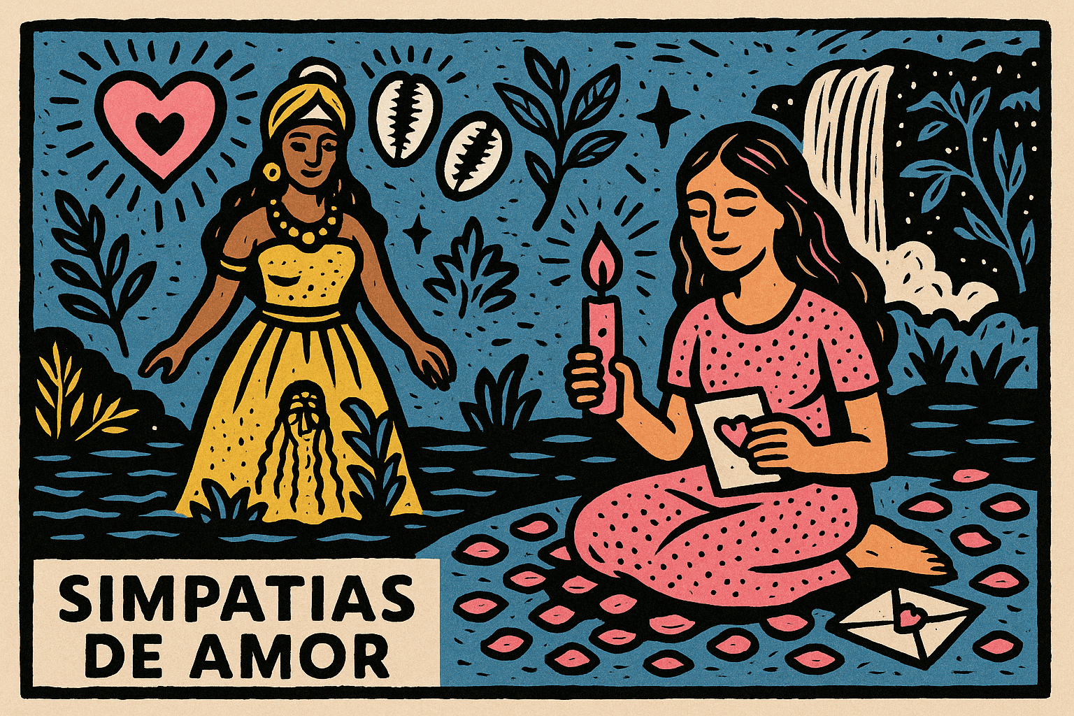 Ilustração de simpatias de amor com mulher segurando vela rosa, carta e presença de Oxum, em estilo cordel