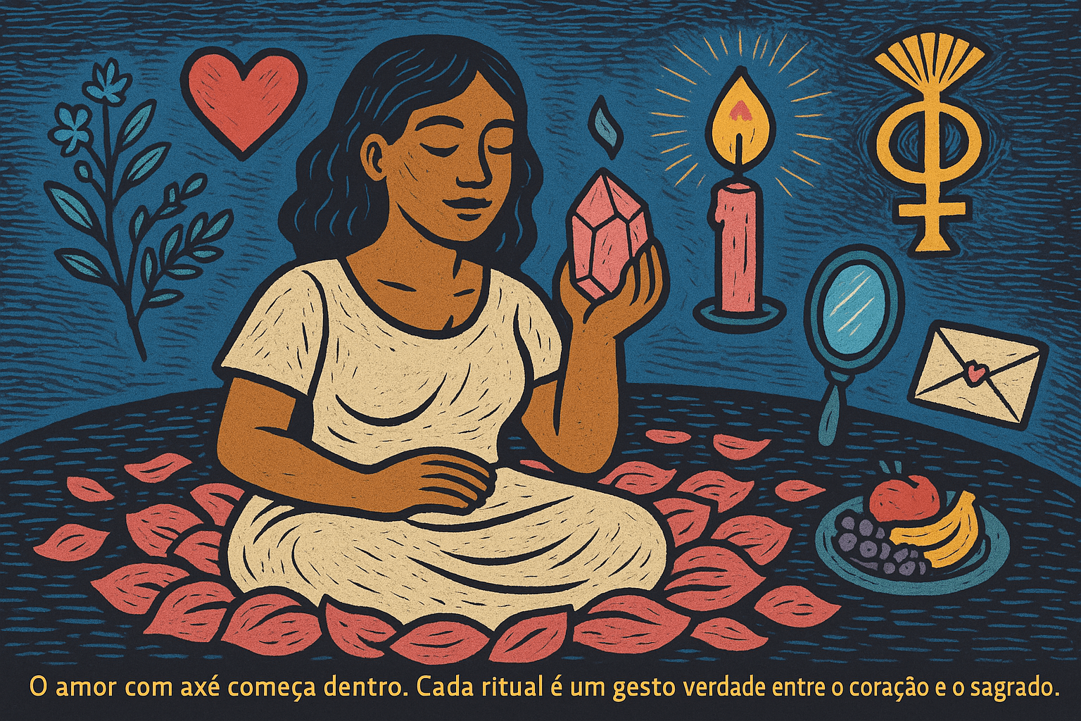 Ilustração em estilo cordel com mulher realizando rituais de amor com vela rosa, pétalas, cristais e Oxum ao fundo