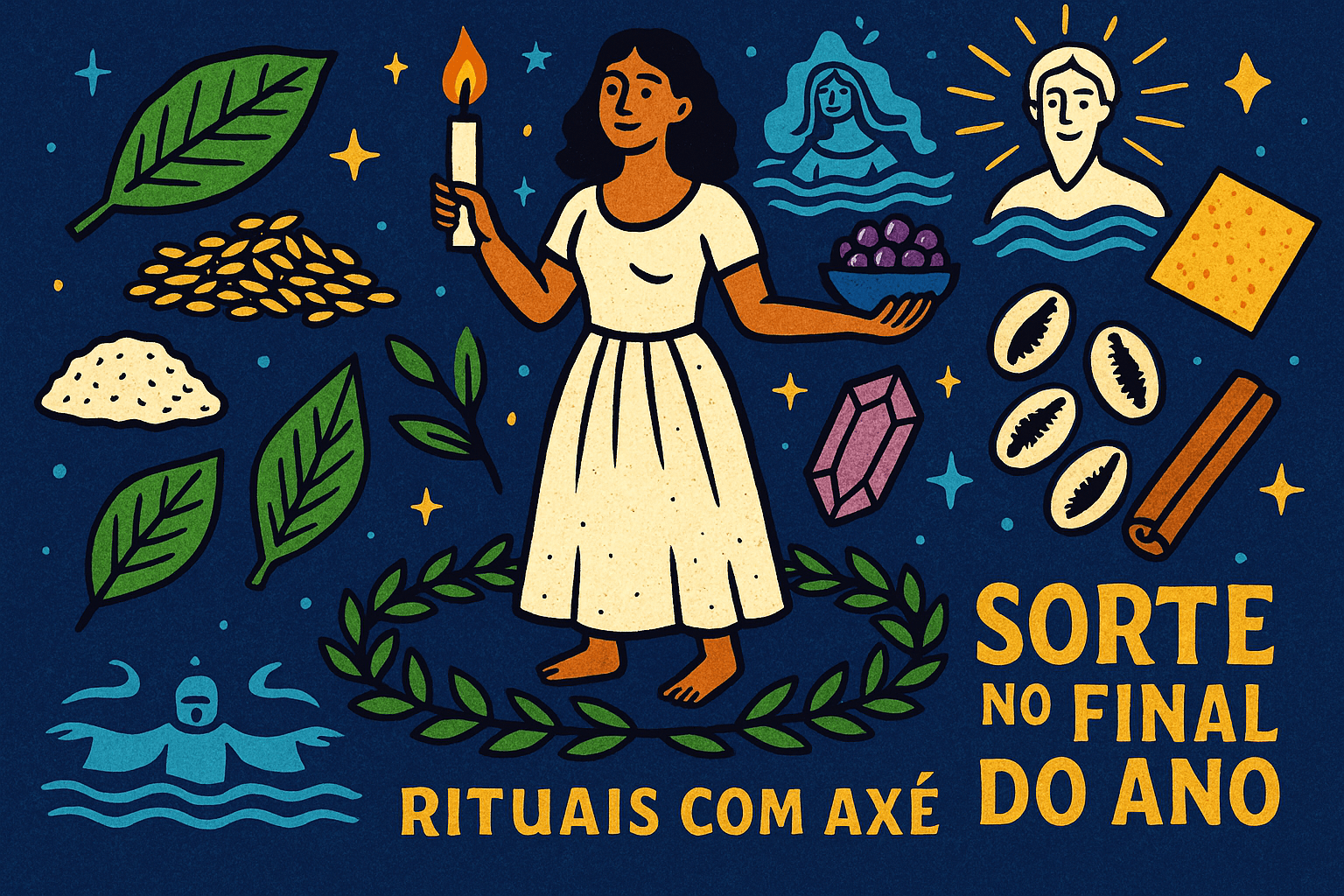 Ilustração em estilo cordel com mulher realizando rituais de sorte no final do ano, com Oxalá e Iemanjá ao fundo