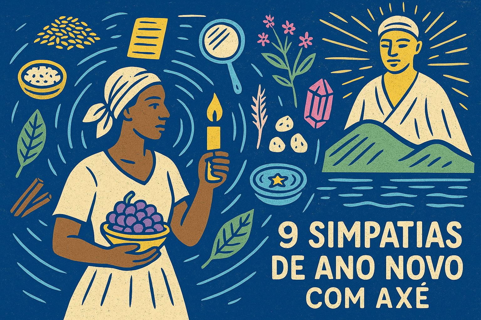 Ilustração de simpatias de ano novo com elementos espirituais, mulher de branco, vela e Oxalá ao fundo, em estilo cordel