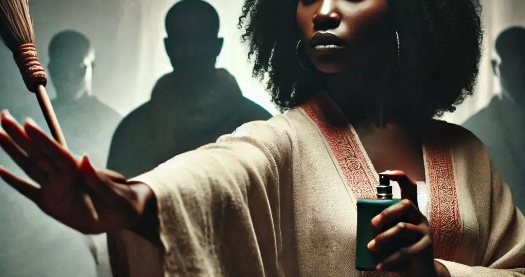 realistic cinematic image of a black woman holding a defumador and warding off figures as if they were evil spirits