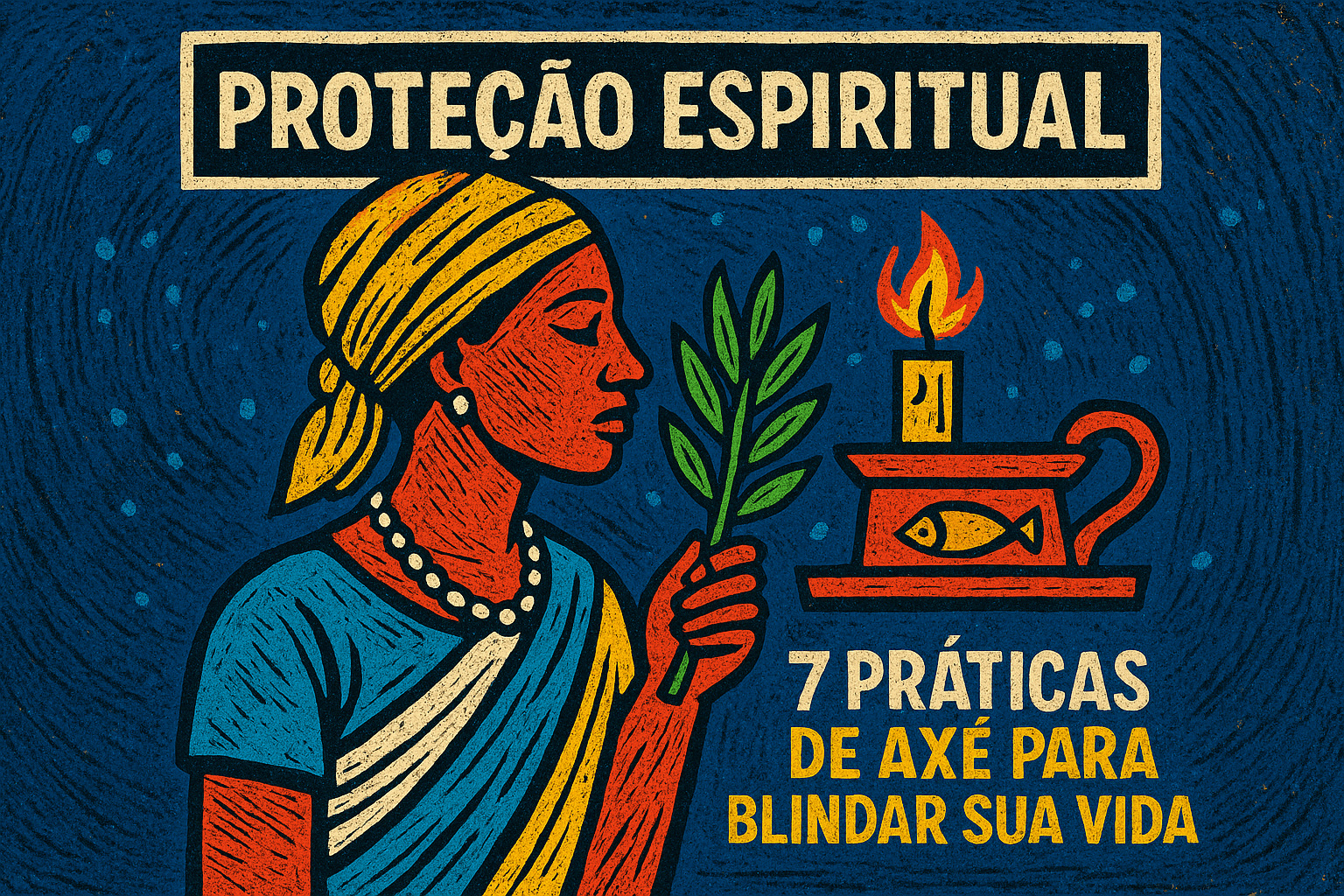 Proteção espiritual no Candomblé – ilustração ancestral com elementos de axé, ervas, fogo e búzios