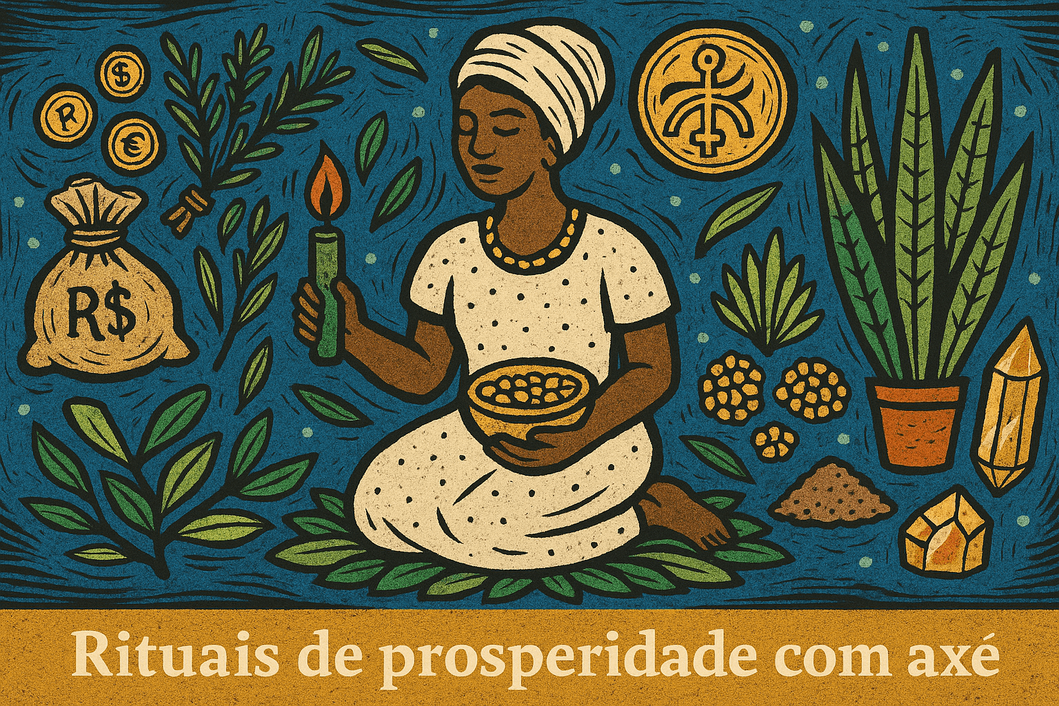 Ilustração em xilogravura colorida de mulher fazendo rituais de prosperidade com elementos afro-brasileiros como velas, folhas, moedas e Oxóssi ao fundo
