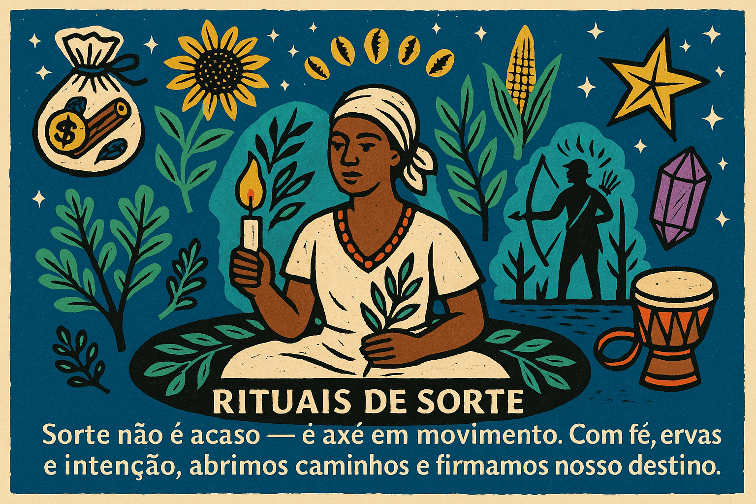 Ilustração em estilo cordel de rituais de sorte com mulher segurando vela e louro, símbolos espirituais e Oxóssi ao fundo