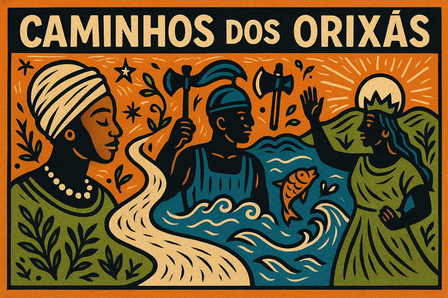 Ilustração estilo cordel com caminhos dos orixás representados por figuras femininas, rios, machados e peixe