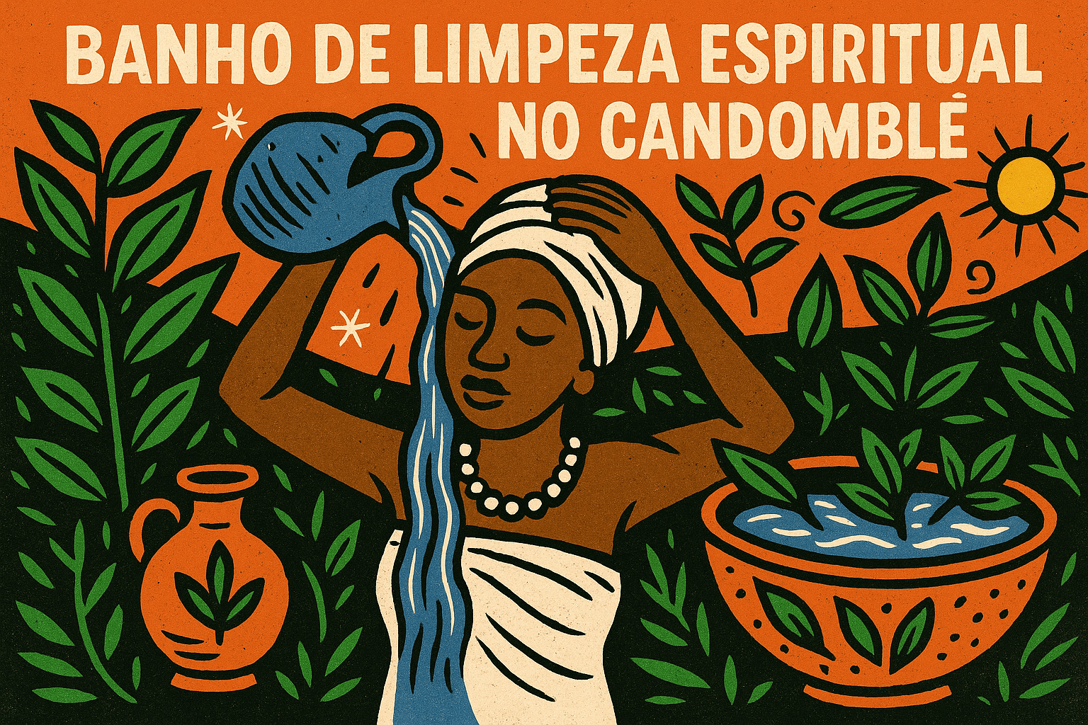 Banho de limpeza espiritual. Ilustração em estilo cordel com mulher negra derramando água sobre a cabeça em ritual espiritual do Candomblé