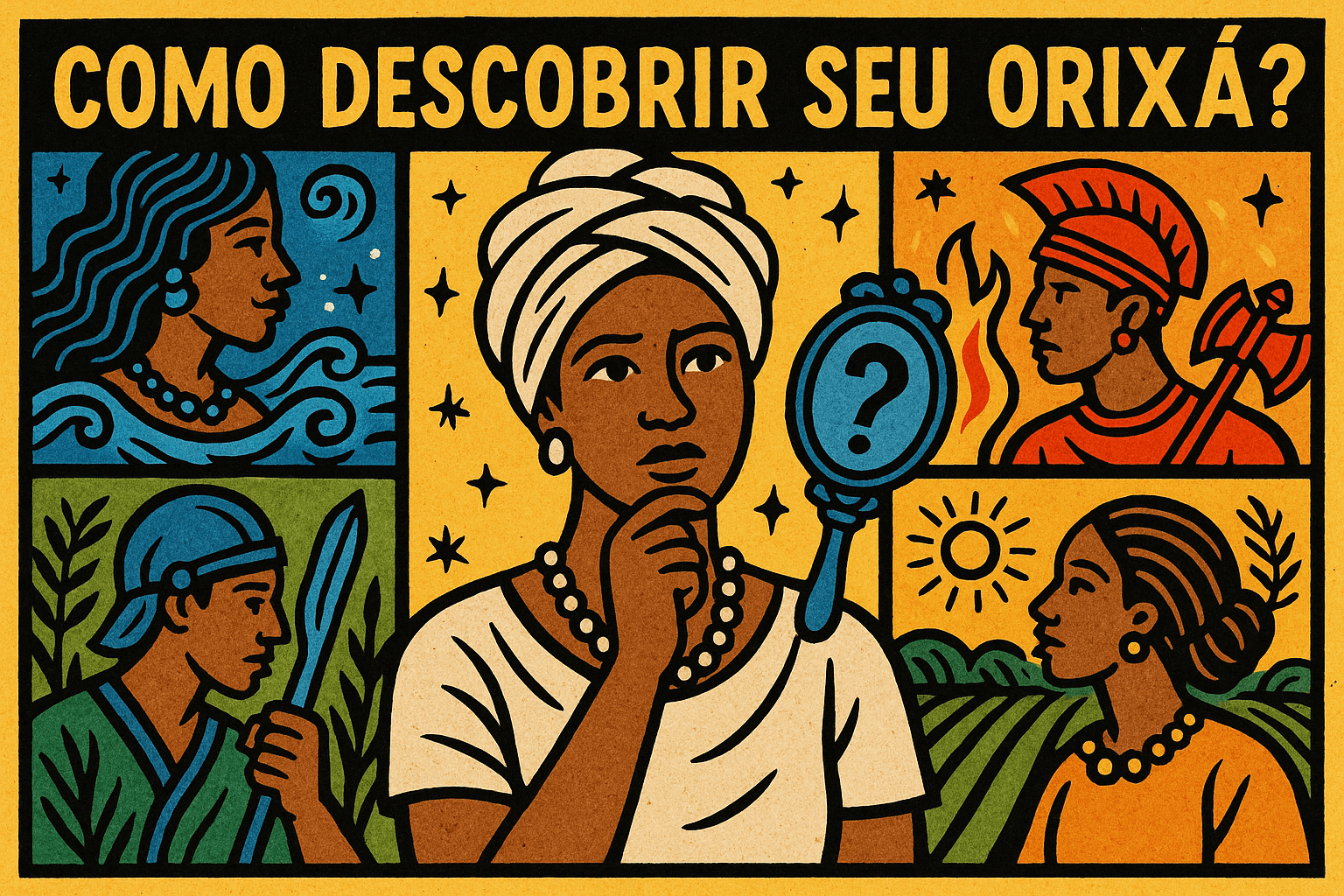 Ilustração em estilo cordel com mulher refletindo sobre como descobrir seu orixá, cercada por símbolos de orixás