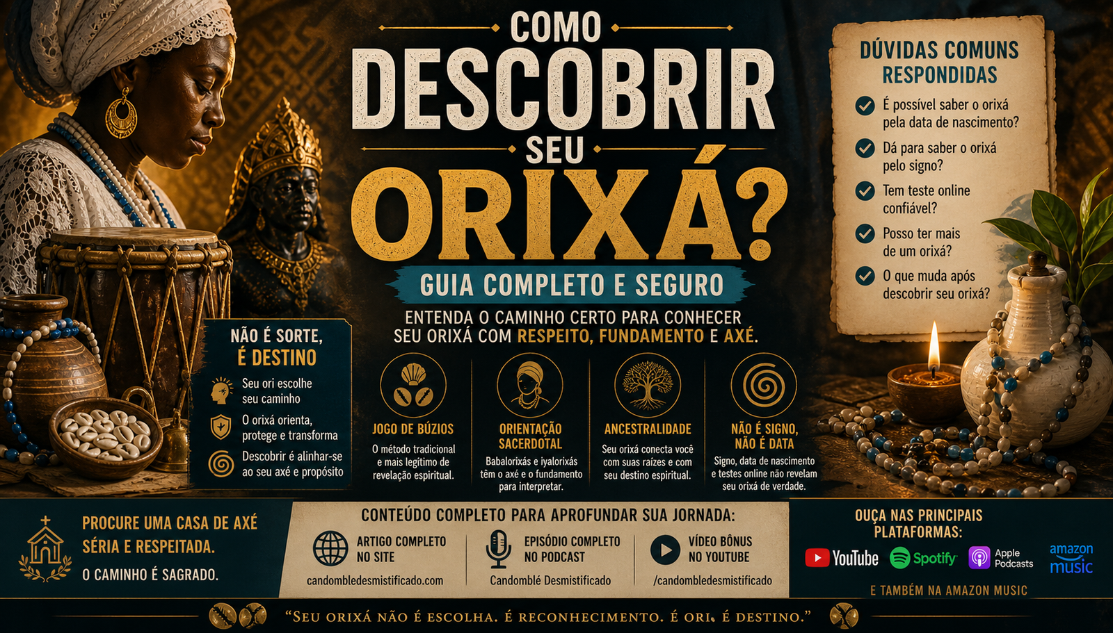 Imagem horizontal sobre como descobrir seu orixá, com elementos do Candomblé como búzios, atabaque, folhas sagradas, guias e uma figura de terreiro, destacando a importância do Ori, do jogo de búzios, da ancestralidade e da orientação de uma casa de axé séria.