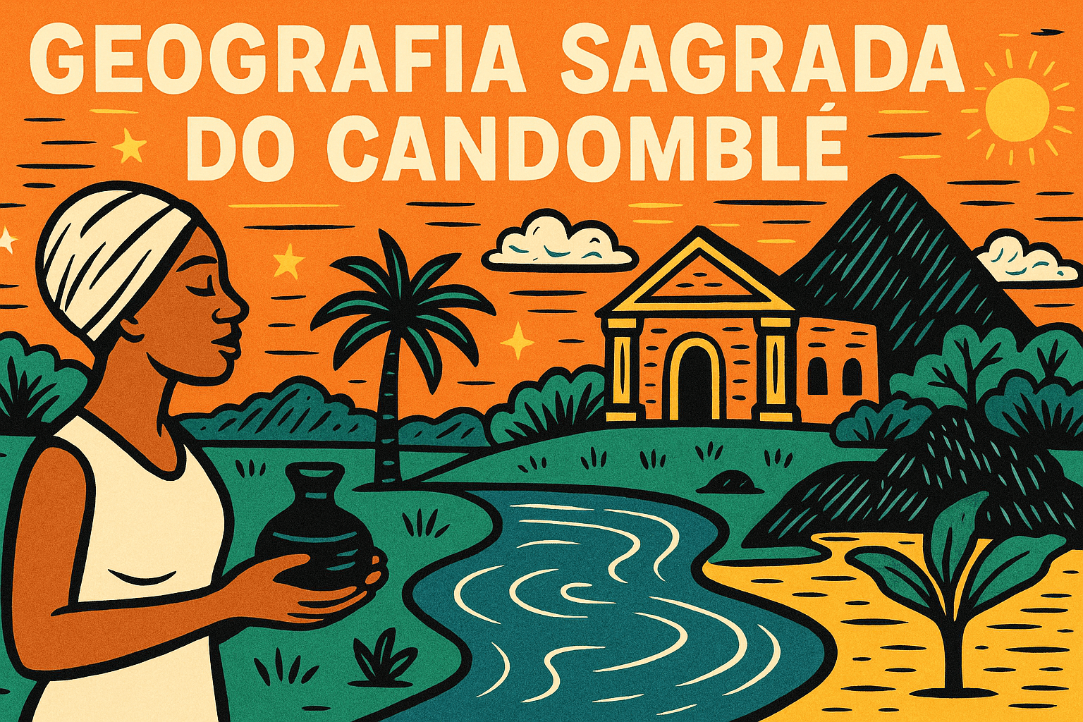 geografia sagrada: Ilustração em estilo cordel mostrando uma mulher com quartinha, um terreiro, um rio e elementos naturais ligados ao Candomblé