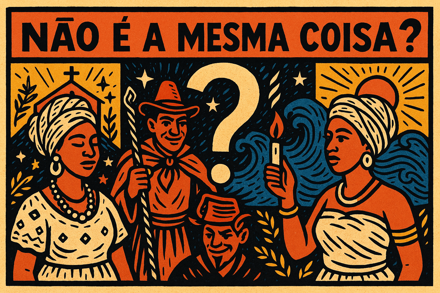 Mesma coisa: Ilustração estilo cordel com personagens representando o Candomblé e a Umbanda separados por um ponto de interrogação