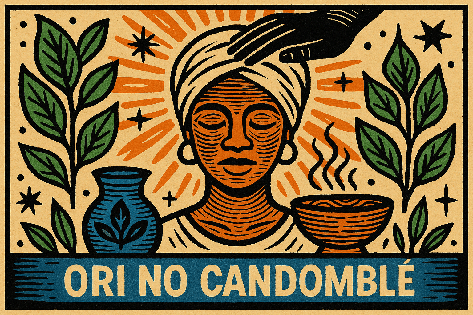 Ilustração em estilo cordel com mulher negra de olhos fechados recebendo toque na cabeça em ritual de cuidado com o Ori no candomblé