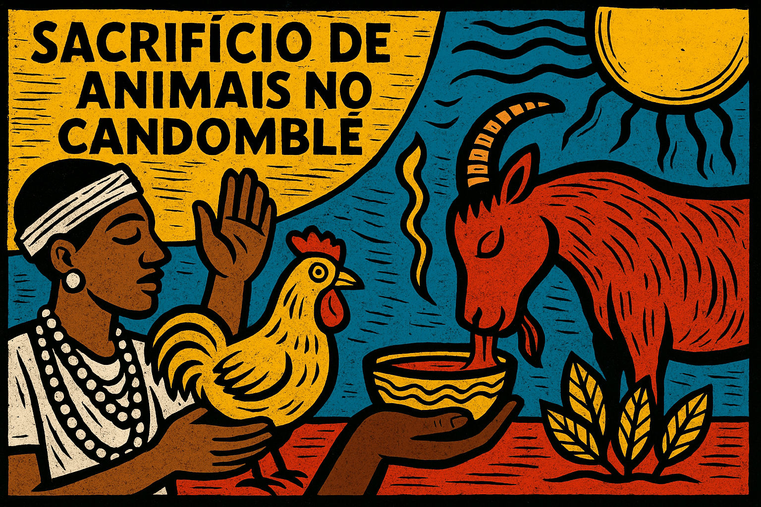 Ilustração estilo cordel com sacerdote, galinha e bode em ritual de sacrifício de animais no Candomblé