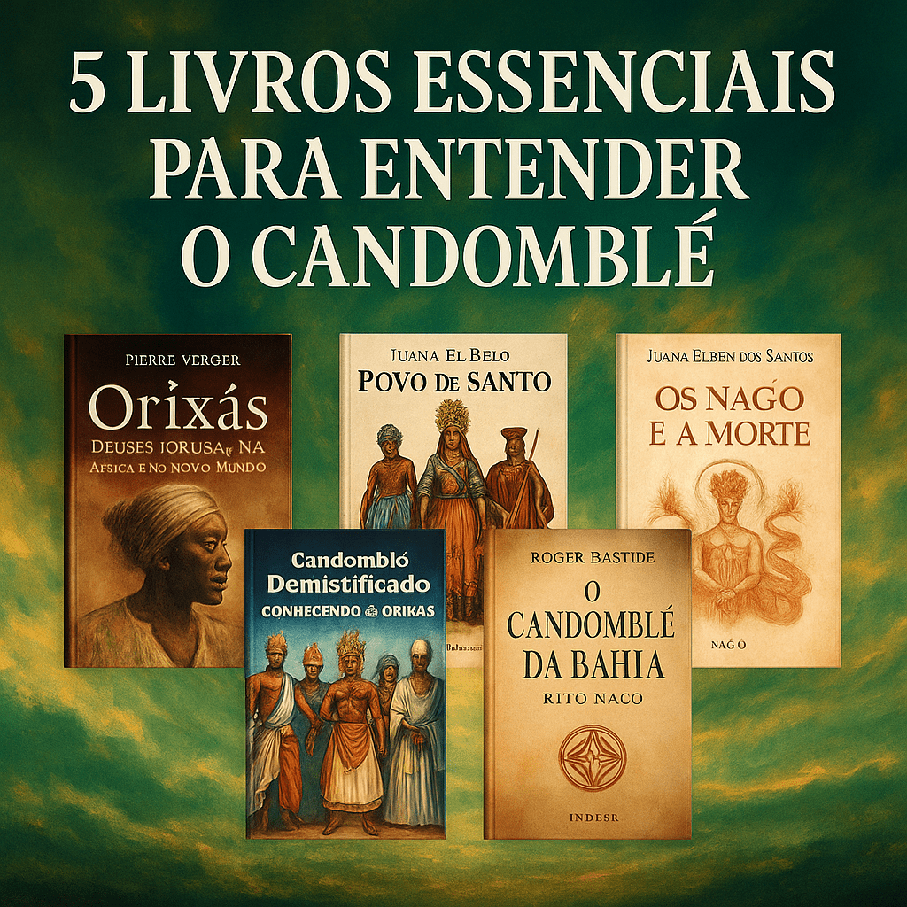 Capa ilustrativa com livros essenciais para entender o Candomblé, destacando títulos clássicos da religião afro-brasileira