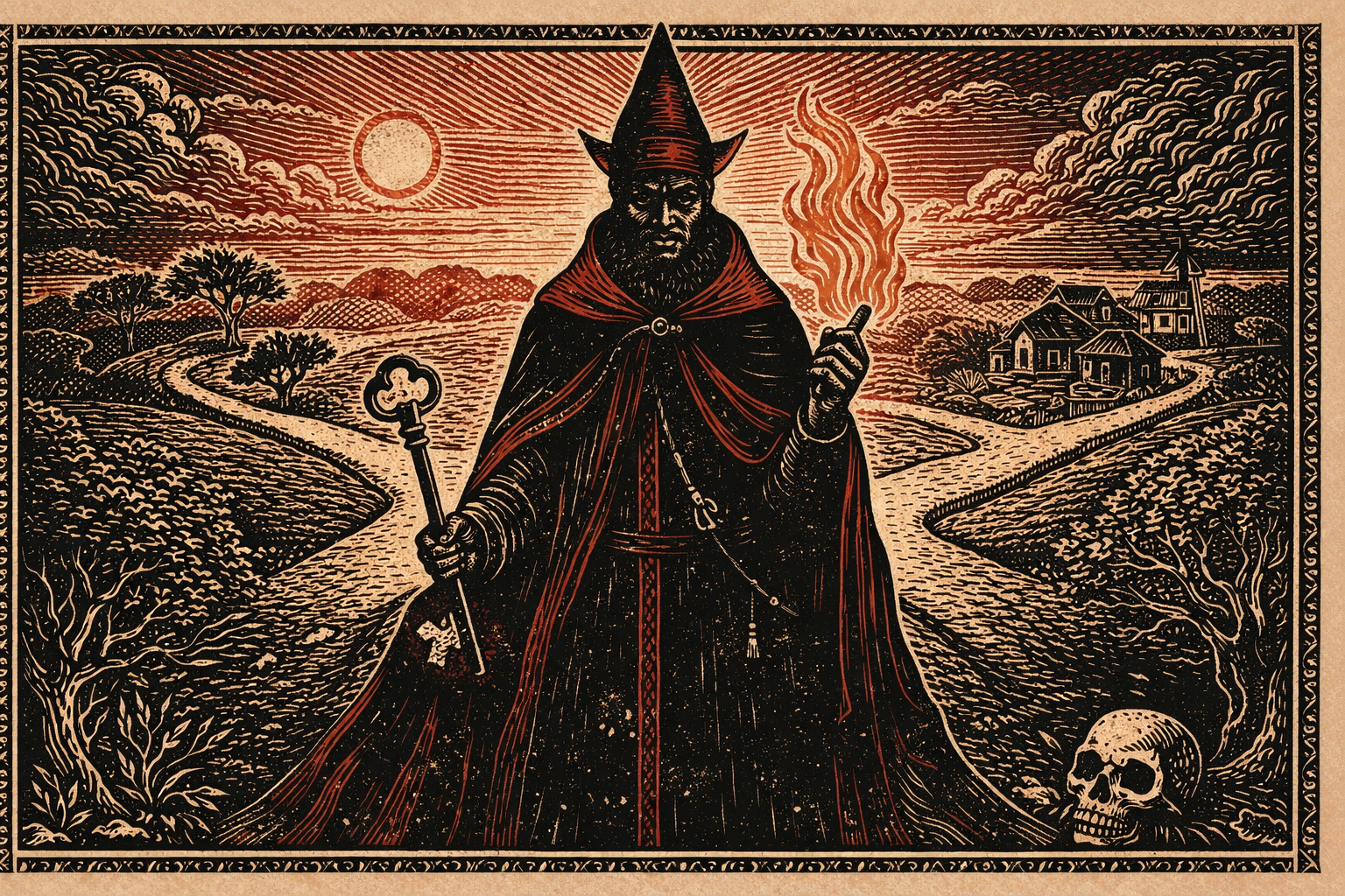 O que é Exu: ilustração cinematográfica em estilo xilogravura de Exu nas encruzilhadas, com símbolos de movimento e comunicação.