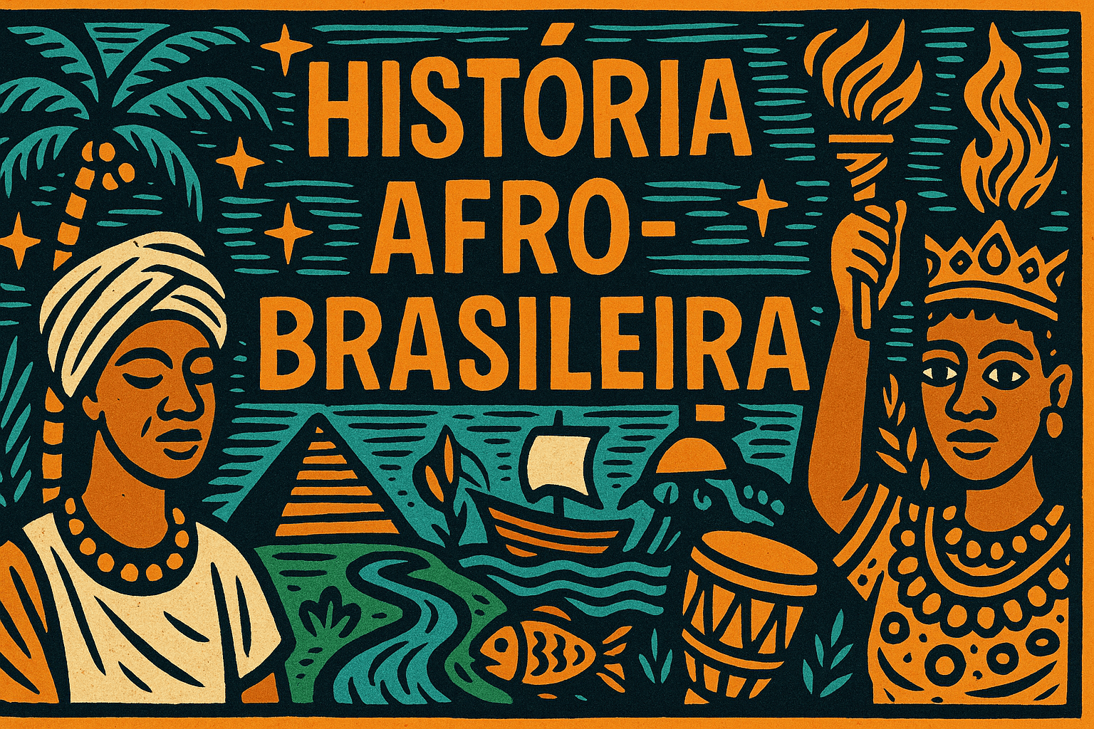 Ilustração estilo cordel representando a história afro-brasileira com figuras africanas, tambor, barco e tocha