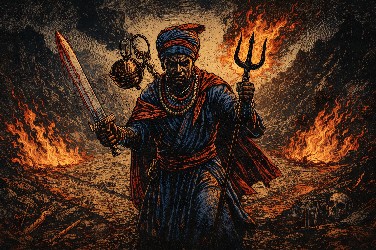 Ogum Xoroquê: quem é, origem, fundamentos e por que ele une ordem e caos Ogum Xoroquê em estilo xilogravura cinematográfica, guerreiro com espada e tridente cercado por chamas