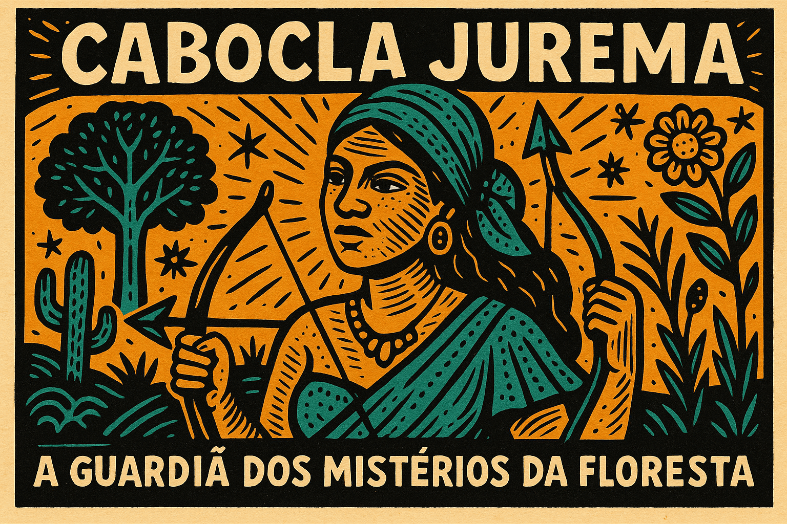 Ilustração em estilo cordel de Cabocla Jurema com arco e flecha, cercada por árvores, flores e símbolos da natureza