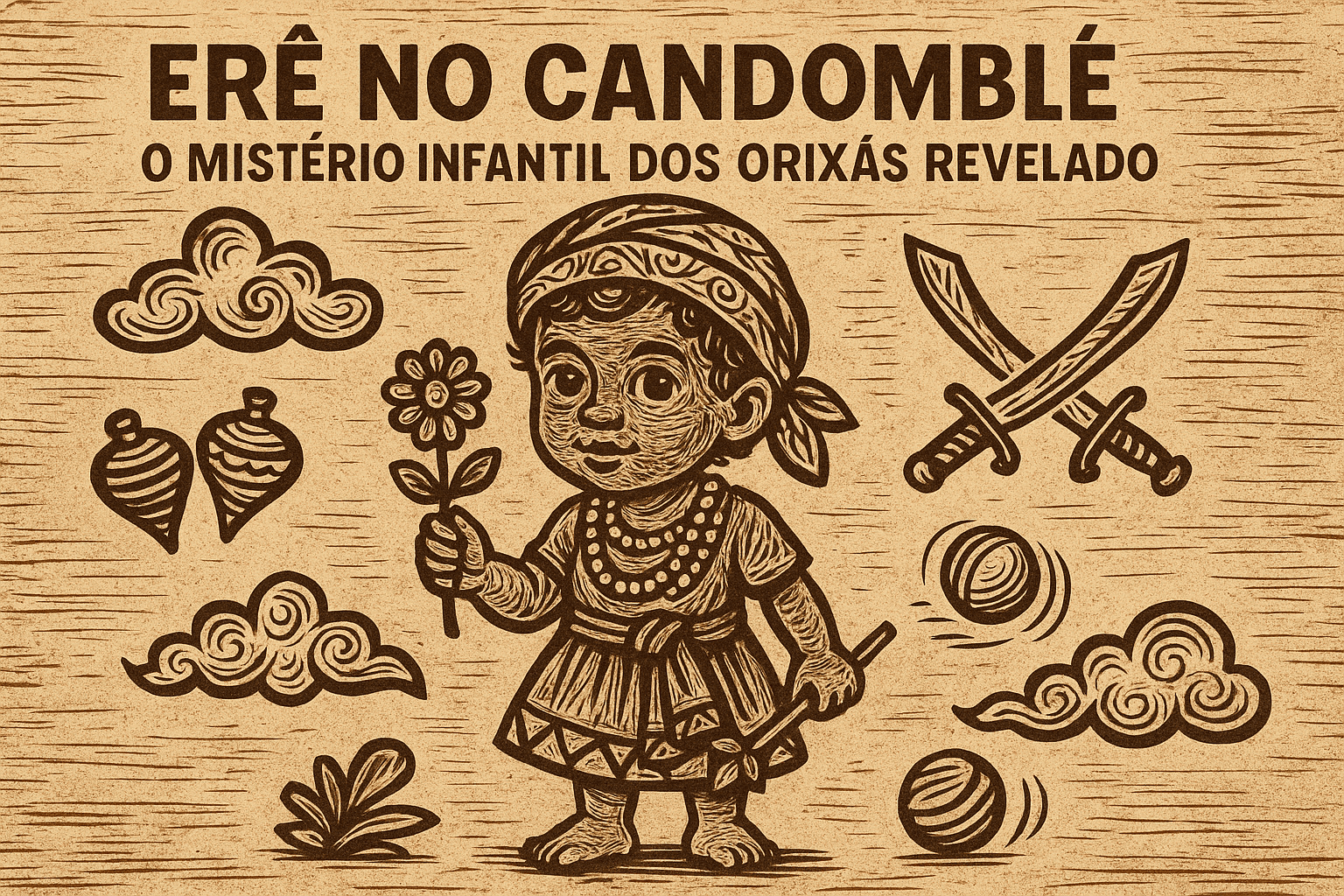 Representação artística de Erê no Candomblé em xilogravura moderna com fundo rústico e título em destaque.