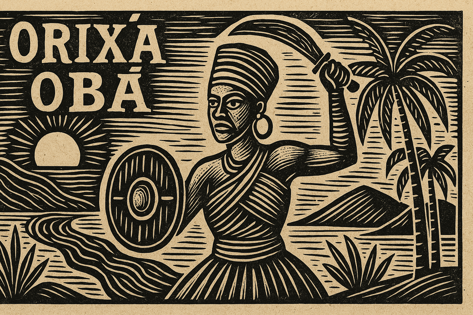 imagem de orixá Obá com espada e escudo nas águas