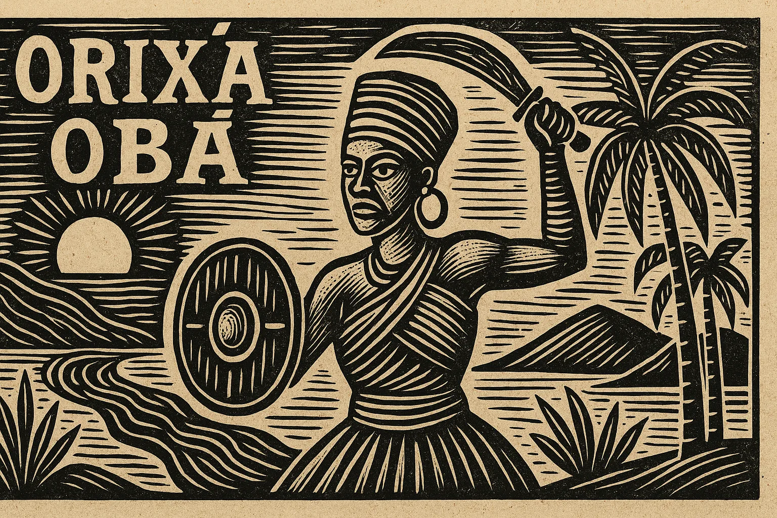 imagem de orixá Obá com espada e escudo nas águas