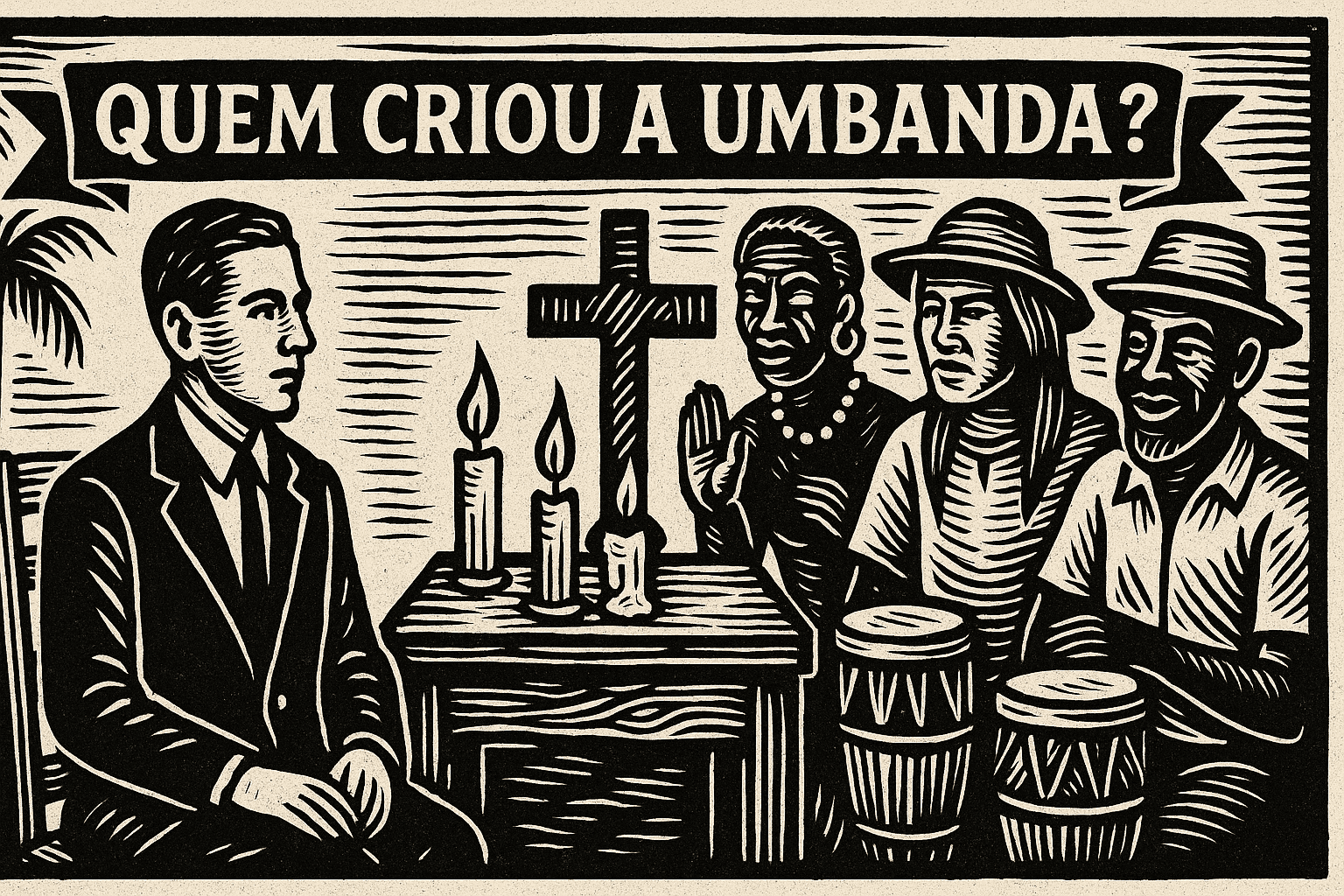 quem criou a umbanda imagem estilo cordel em preto e branco