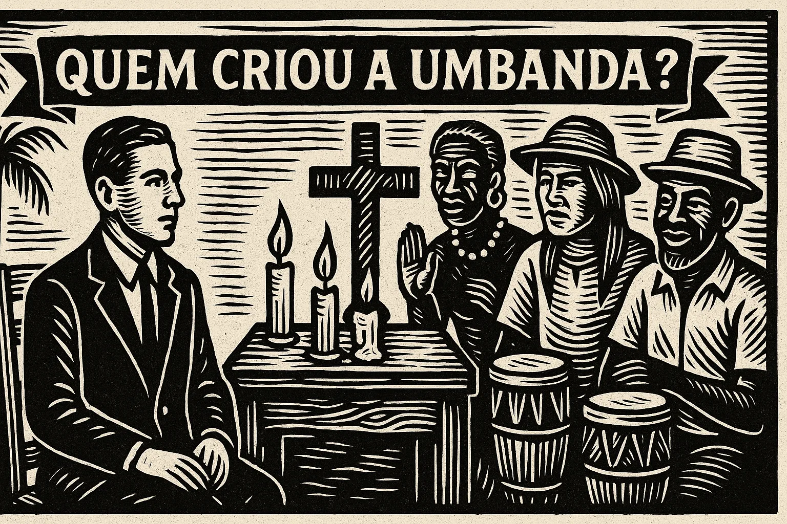 quem criou a umbanda imagem estilo cordel em preto e branco