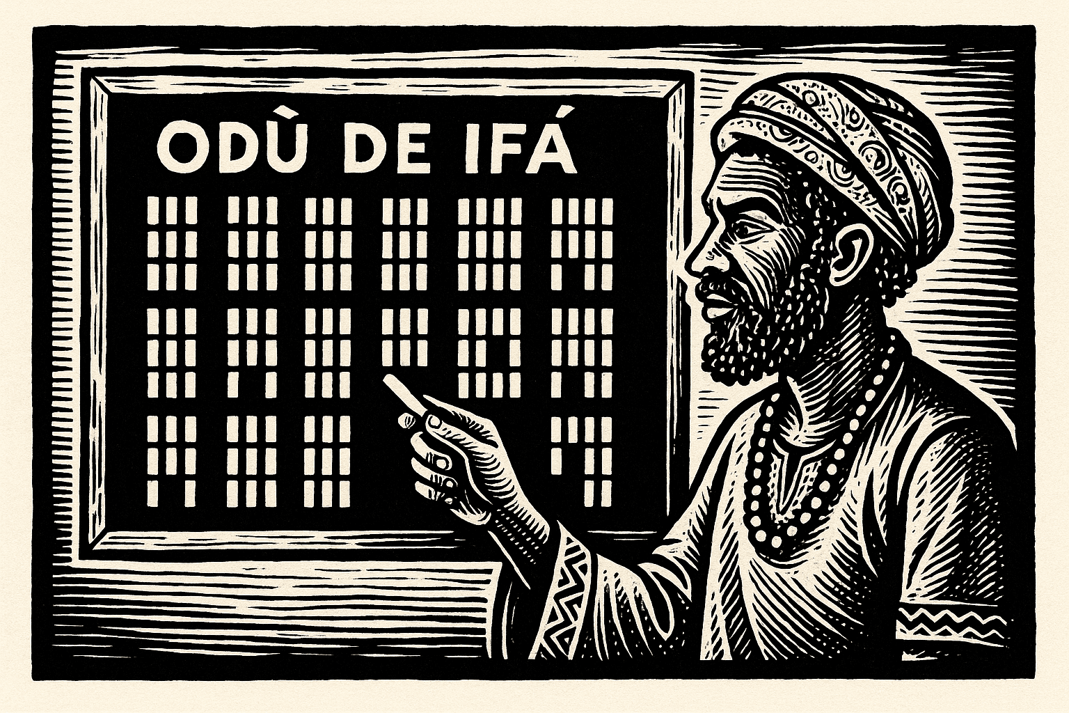 Representação ilustrada dos Odù de Ifá em quadro verde com professor africano apontando