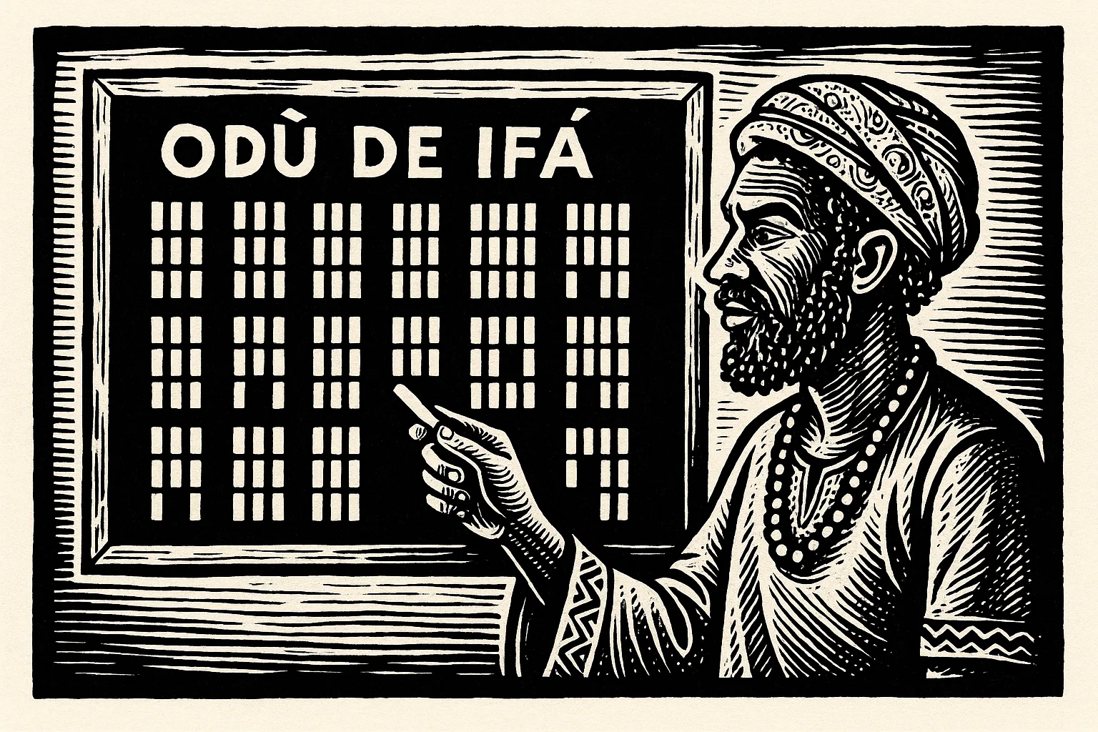 Representação ilustrada dos Odù de Ifá em quadro verde com professor africano apontando