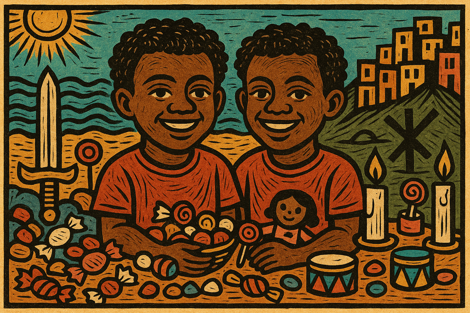 São Cosme e São Damião no Candomblé e na Umbanda, simbolizando os Ibejis com doces e tradição popular no Brasil