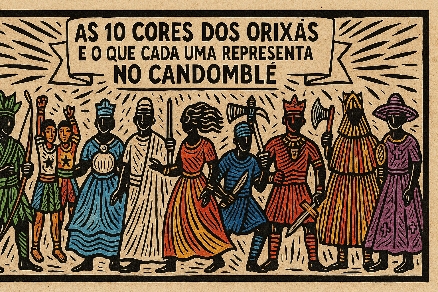 xilogravura moderna em preto e bege mostrando as 10 cores dos orixás no Candomblé — faixas de tecido coloridas entrelaçadas com símbolos espirituais, fundo de papel reciclado.