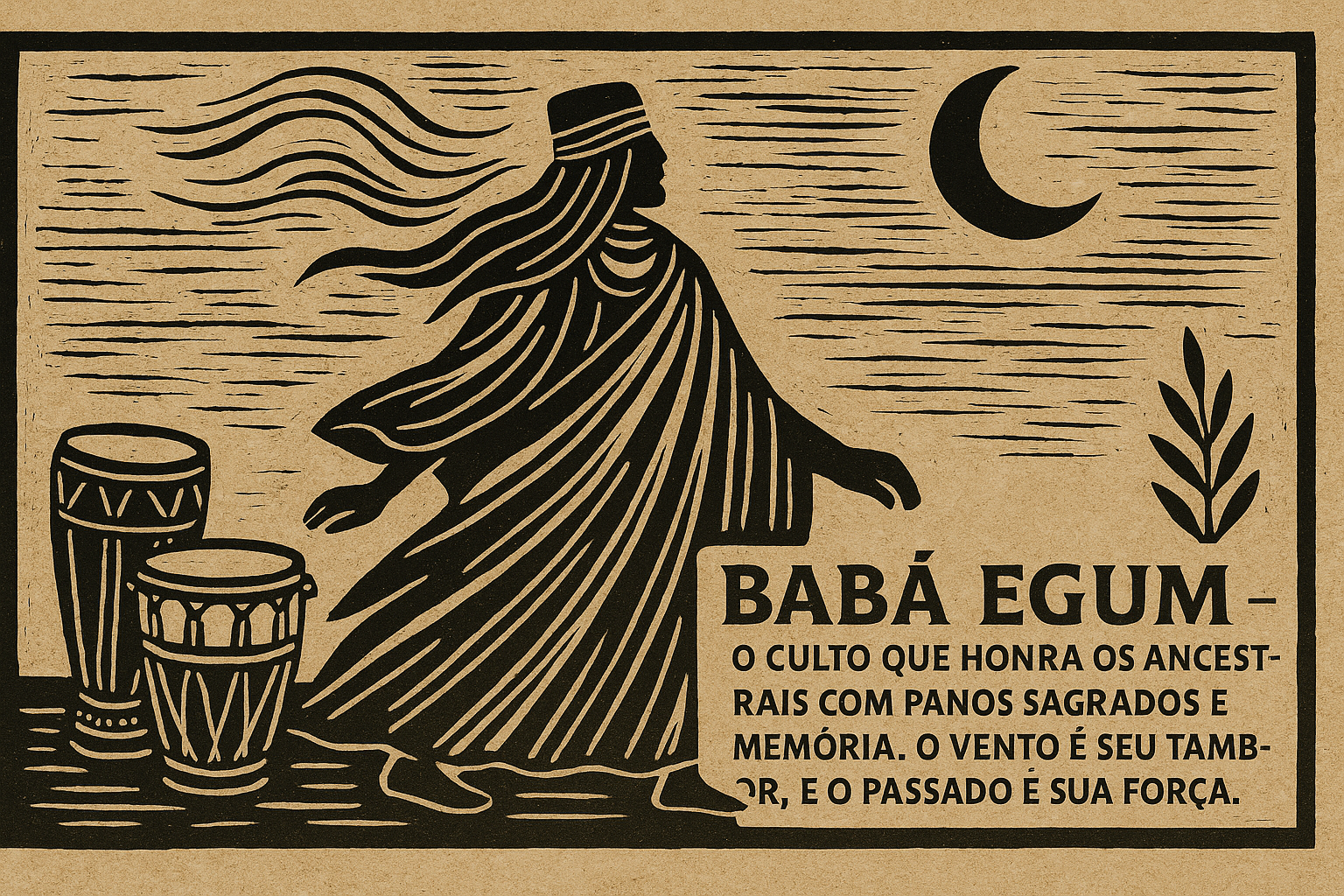 🕯️ O Culto de Babá Egum: A Sabedoria dos que Voltam Ilustração de Babá Egum em estilo xilogravura moderna, mostrando uma figura ancestral coberta por panos sagrados, dançando sob a lua e o vento, com tambores e folhas em movimento — símbolo da ancestralidade e da memória viva no Candomblé.