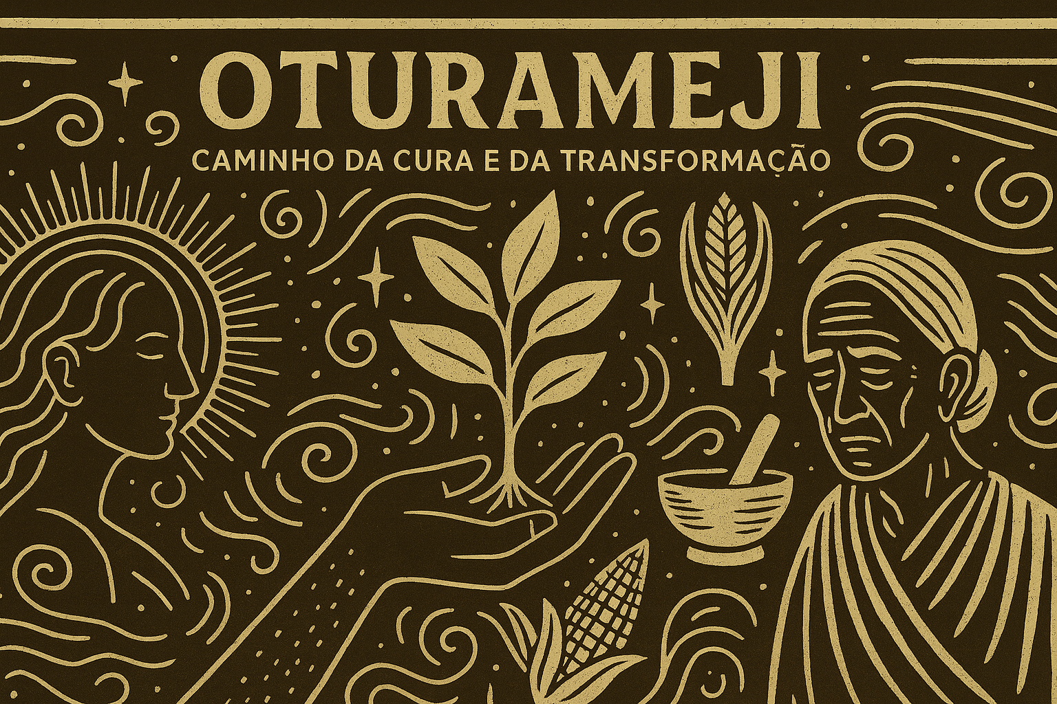 Oturameji representado em xilogravura moderna com símbolos de cura espiritual, renovação interior e sabedoria ancestral em tons terrosos e dourados.