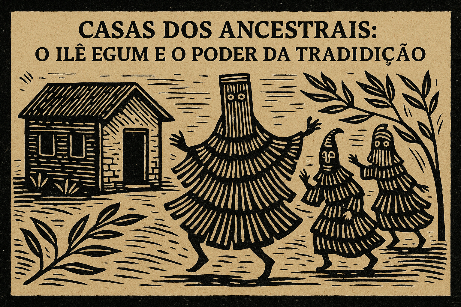 Xilogravura retratando um Ilê Egum tradicional, com máscaras ancestrais dançando sob folhas sagradas, representando o culto aos Egungun e o poder da tradição afro-brasileira.