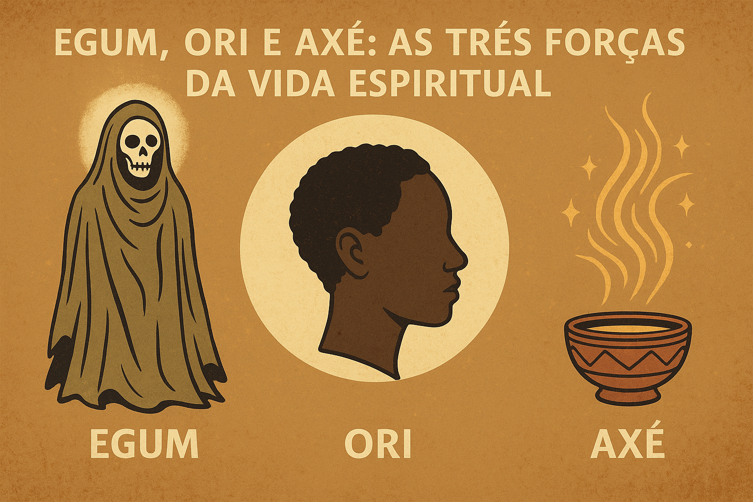 Xilogravura representando Egum, Ori e Axé em harmonia: figuras ancestrais, uma cabeça iluminada e o fluxo dourado do axé unindo as forças espirituais da vida.