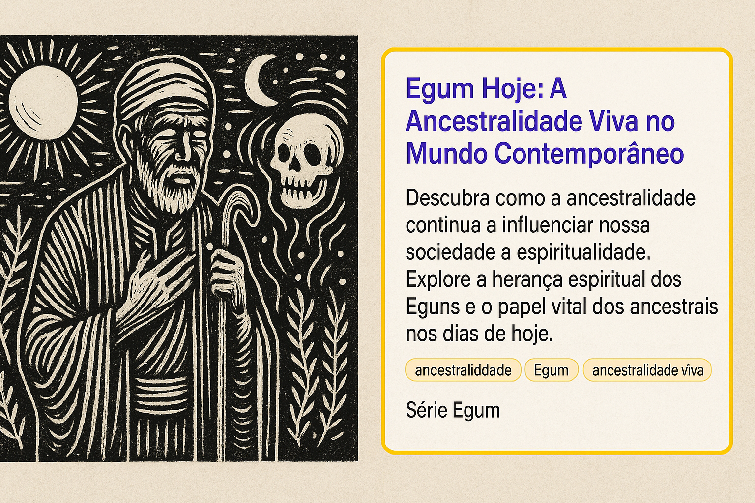 Ilustração em estilo xilogravura retratando ancestrais dançando sob um céu estrelado, representando o culto aos Eguns e a ancestralidade viva no Candomblé.