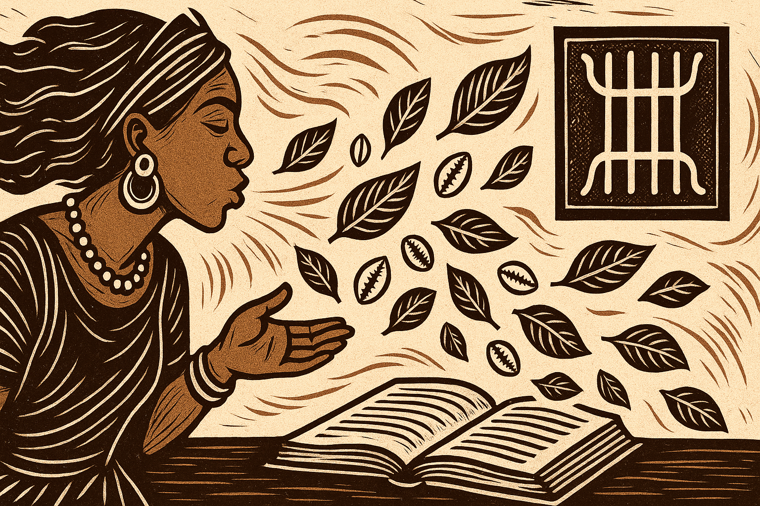 Odu Obará no Candomblé – Iansã soprando folhas e búzios sobre um livro aberto, símbolo da sabedoria e da palavra sagrada.