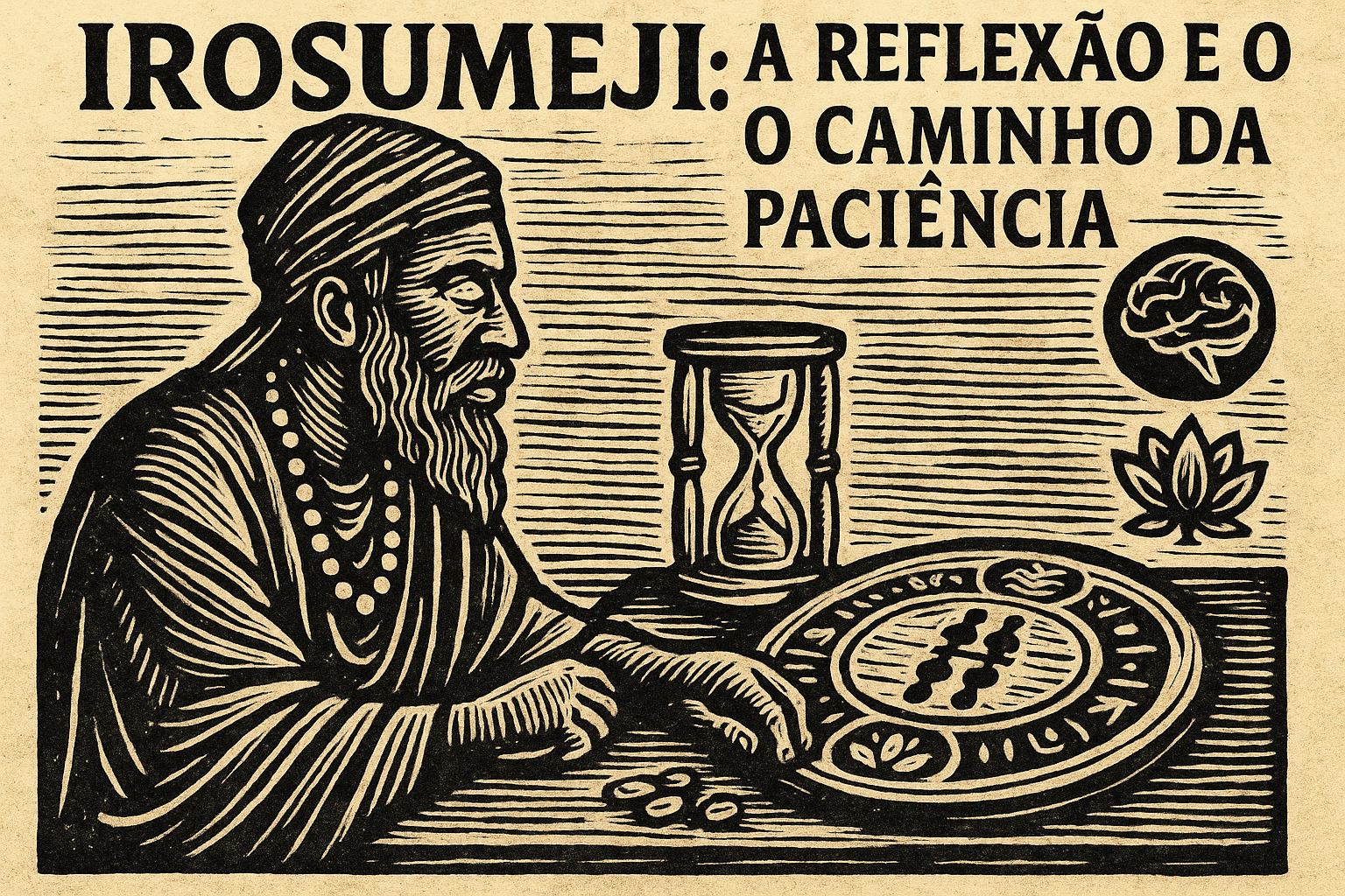 Xilogravura de um babalawo diante do opon Ifá com um relógio de areia dourado, representando o Odu Irosumeji e a paciência como força espiritual no Ifá.