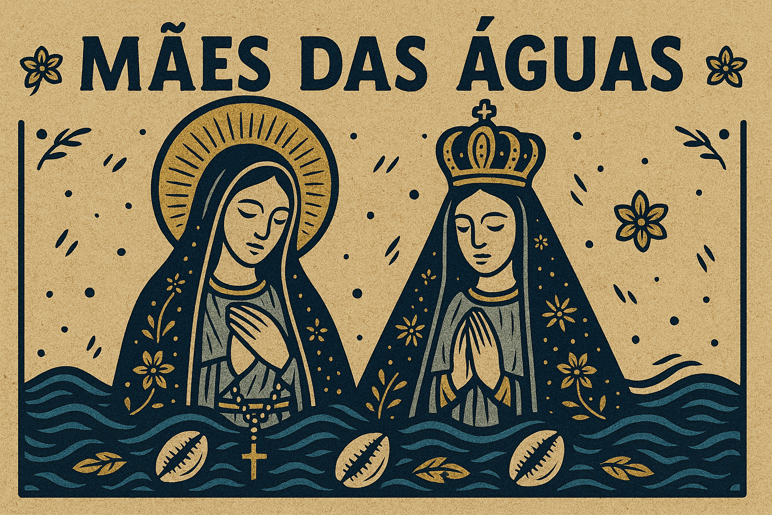 Mães das Águas — Nossa Senhora de Nazaré e Nossa Senhora Aparecida sobre ondas e búzios, símbolo de fé e sincretismo afro-brasileiro