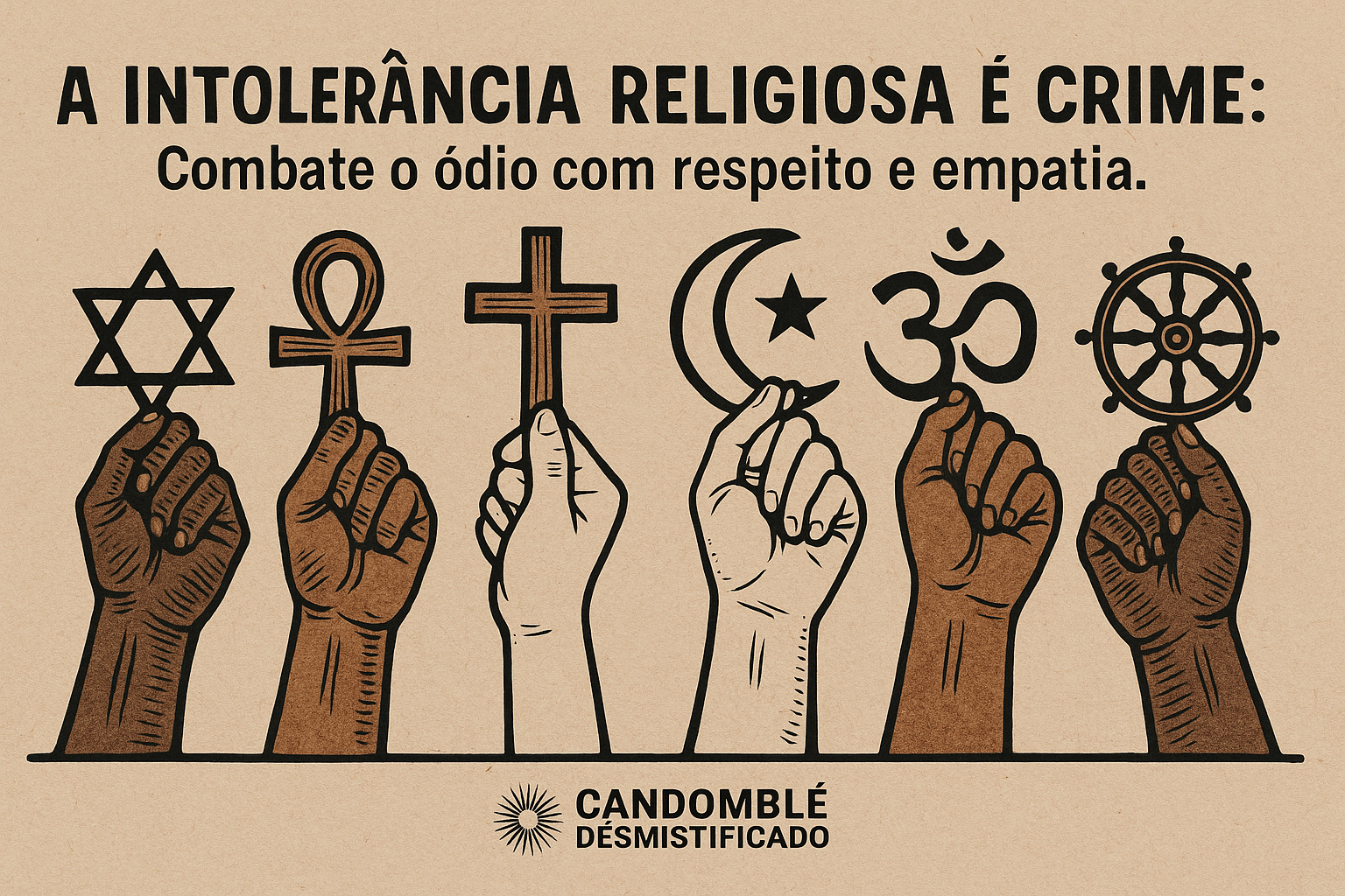 intolerância religiosa é crime. “Ilustração em xilogravura moderna mostrando mãos de diferentes cores levantando símbolos religiosos, representando união e respeito entre crenças no Brasil.”