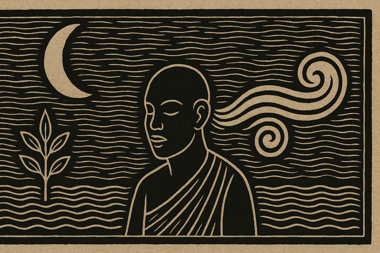 Ilustração de Oyekumeji, o odu do silêncio e da sabedoria, em estilo xilogravura moderna. Mostra uma figura meditando sob a lua e o vento, representando introspecção e equilíbrio espiritual.